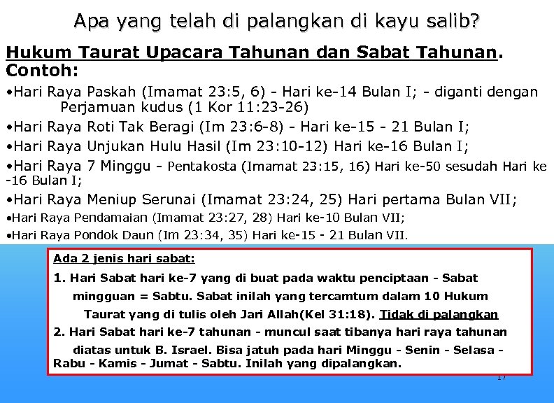 Apa yang telah di palangkan di kayu salib? Hukum Taurat Upacara Tahunan dan Sabat