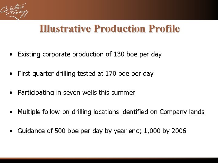Illustrative Production Profile • Existing corporate production of 130 boe per day • First