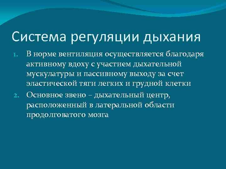 Система регуляции дыхания В норме вентиляция осуществляется благодаря активному вдоху с участием дыхательной мускулатуры