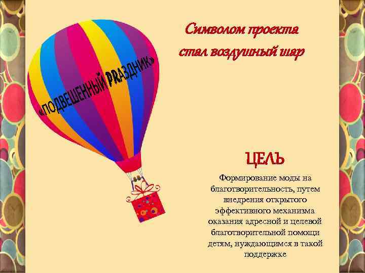 Символом проекта стал воздушный шар ЦЕЛЬ Формирование моды на благотворительность, путем внедрения открытого эффективного