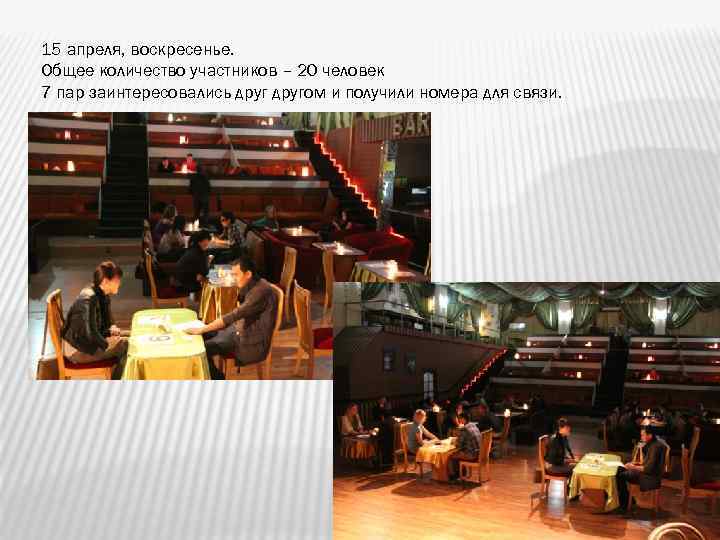 15 апреля, воскресенье. Общее количество участников – 20 человек 7 пар заинтересовались другом и