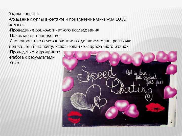 Этапы проекта: -Создание группы вконтакте и привлечение минимум 1000 человек -Проведение социологического исследования -Поиск