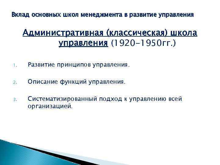 Вклад основных школ менеджмента в развитие управления Административная (классическая) школа управления (1920 -1950 гг.