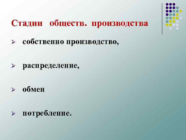 Стадии обществ. производства Ø собственно производство, Ø распределение, Ø обмен Ø потребление. 