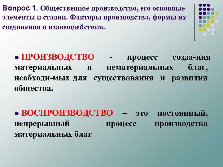 Вопрос 1. Общественное производство, его основные элементы и стадии. Факторы производства, формы их соединения