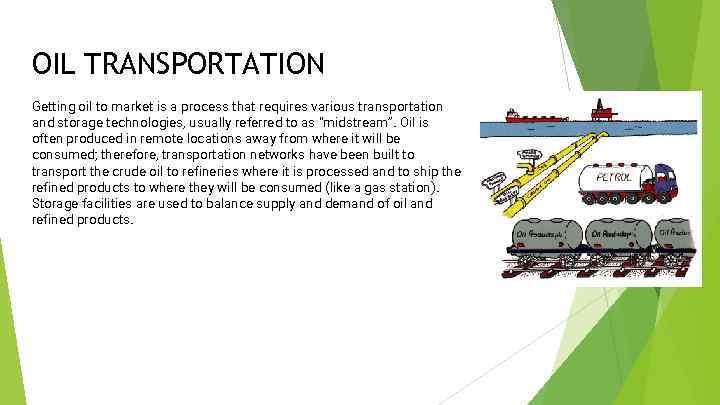 OIL TRANSPORTATION Getting oil to market is a process that requires various transportation and