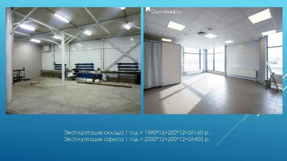 Эксплуатация склада 1 год = 1980*12+200*12=26160 р. Эксплуатация офиса 1 год = 2000*12+200*12=26400 р.