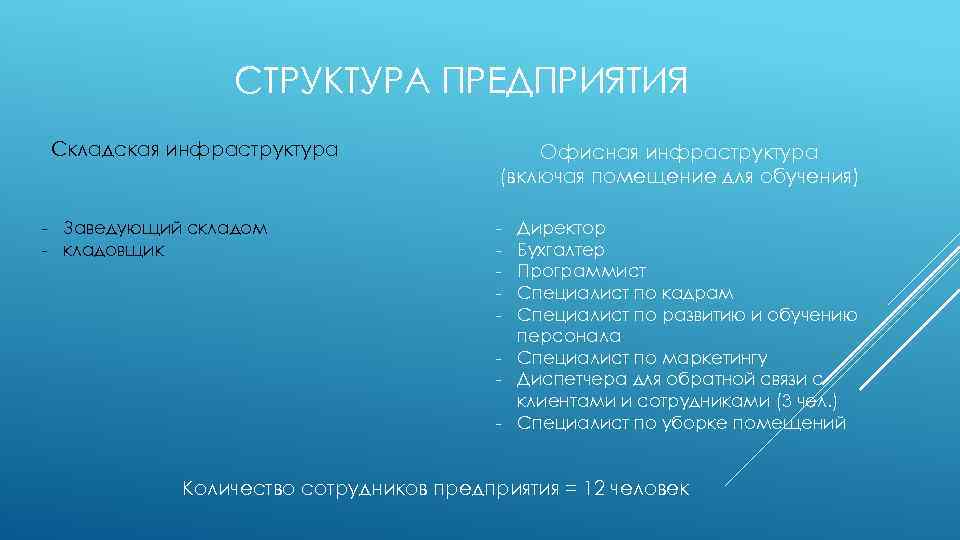 СТРУКТУРА ПРЕДПРИЯТИЯ Складская инфраструктура - Заведующий складом - кладовщик Офисная инфраструктура (включая помещение для