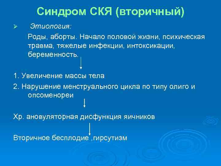 Синдром СКЯ (вторичный) Ø Этиология: Роды, аборты. Начало половой жизни, психическая травма, тяжелые инфекции,