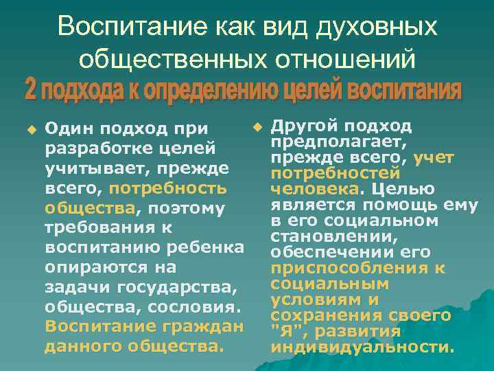 Воспитание как вид духовных общественных отношений u Один подход при разработке целей учитывает, прежде