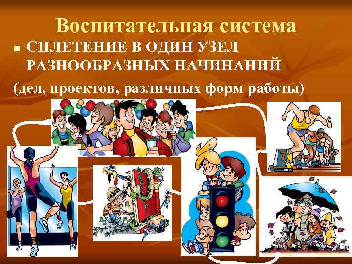 Воспитательная система СПЛЕТЕНИЕ В ОДИН УЗЕЛ РАЗНООБРАЗНЫХ НАЧИНАНИЙ (дел, проектов, различных форм работы) n