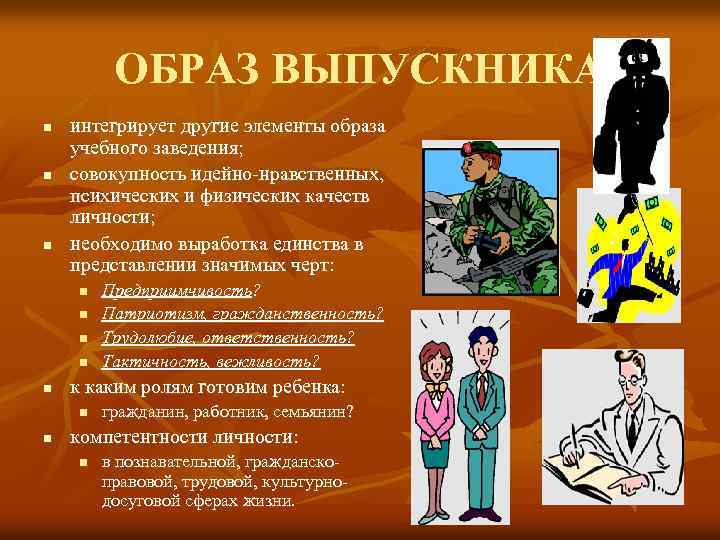 ОБРАЗ ВЫПУСКНИКА n n n интегрирует другие элементы образа учебного заведения; совокупность идейно-нравственных, психических