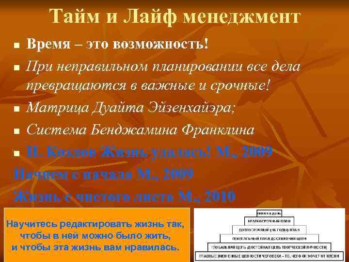 Тайм и Лайф менеджмент Время – это возможность! n При неправильном планировании все дела