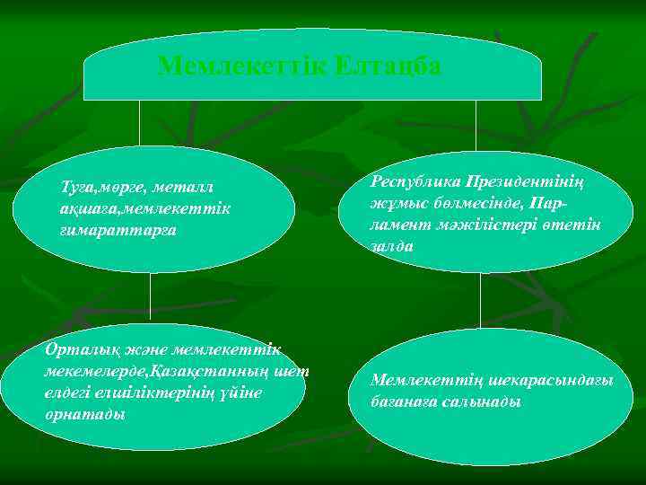 Мемлекеттік Елтаңба Туға, мөрге, металл ақшаға, мемлекеттік ғимараттарға Орталық және мемлекеттік мекемелерде, Қазақстанның шет