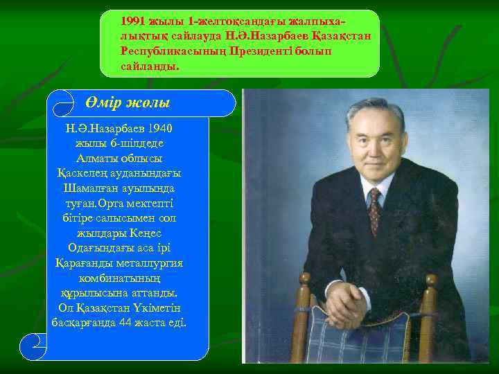 1991 жылы 1 -желтоқсандағы жалпыхалықтық сайлауда Н. Ә. Назарбаев Қазақстан Республикасының Президенті болып сайланды.