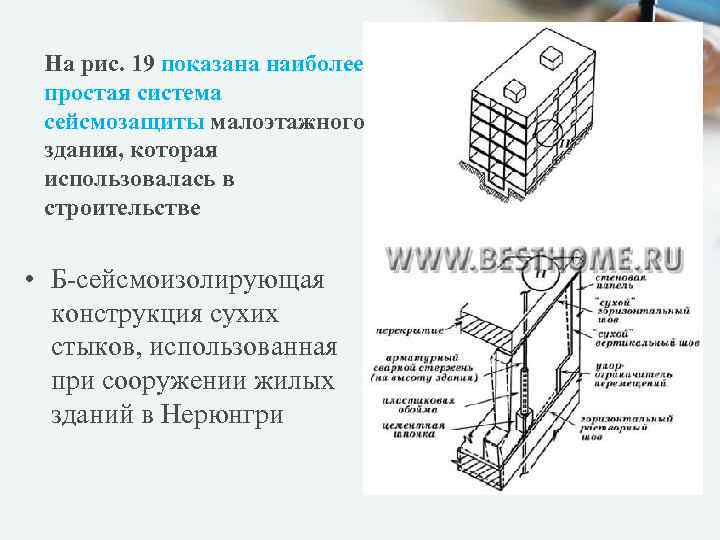 На рис. 19 показана наиболее простая система сейсмозащиты малоэтажного здания, которая использовалась в строительстве