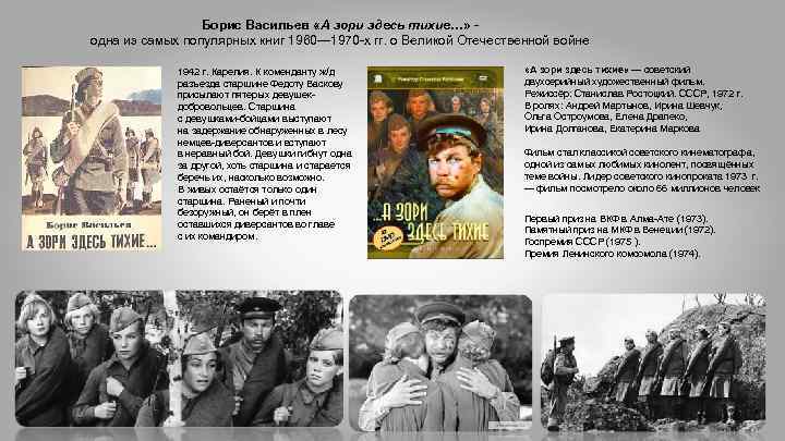 Борис Васильев «А зори здесь тихие…» - одна из самых популярных книг 1960— 1970