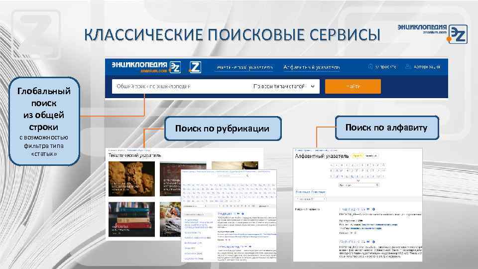 КЛАССИЧЕСКИЕ ПОИСКОВЫЕ СЕРВИСЫ Глобальный поиск из общей строки с возможностью фильтра типа «статьи» Поиск