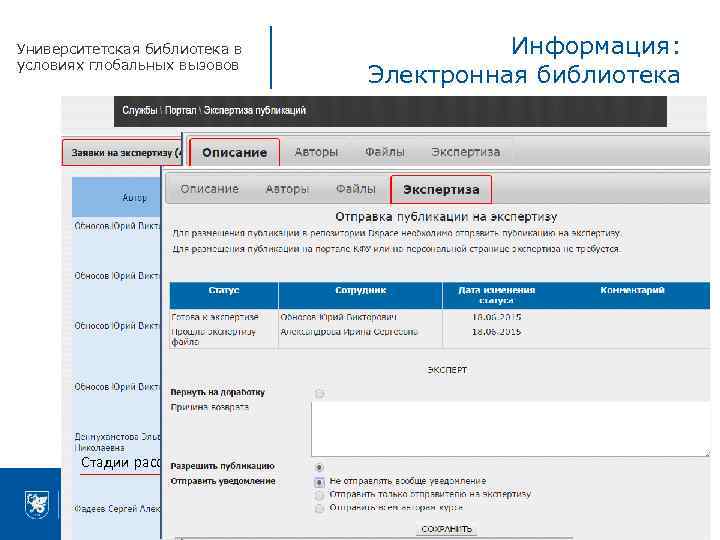Университетская библиотека в условиях глобальных вызовов Стадии рассмотрения 2. Экспертиза Информация: Электронная библиотека 