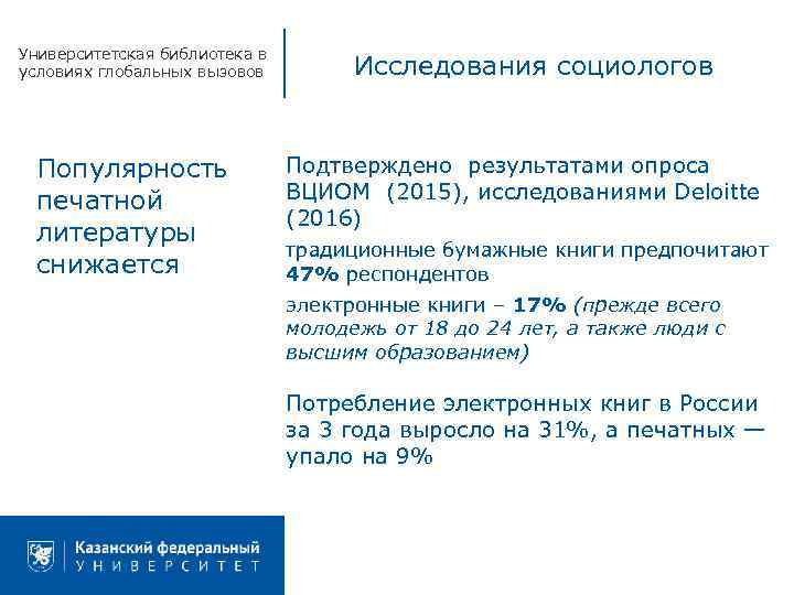 Университетская библиотека в условиях глобальных вызовов Популярность печатной литературы снижается Исследования социологов Подтверждено результатами