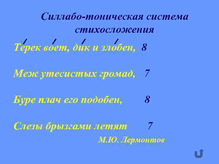 Силлабо-тоническая система стихосложения Терек воет, дик и злобен, 8 Меж утесистых громад, 7 Буре