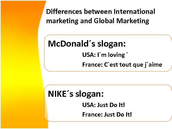 Differences between International marketing and Global Marketing Mc. Donald´s slogan: USA: I´m loving ´