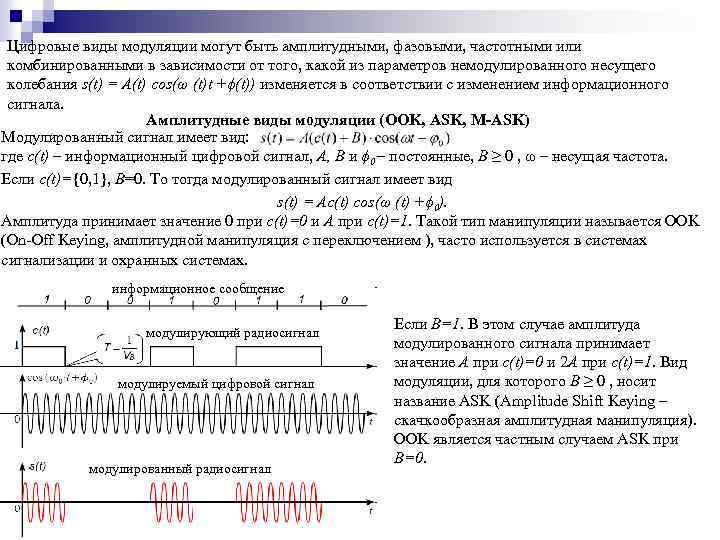 Цифровые виды модуляции могут быть амплитудными, фазовыми, частотными или комбинированными в зависимости от того,