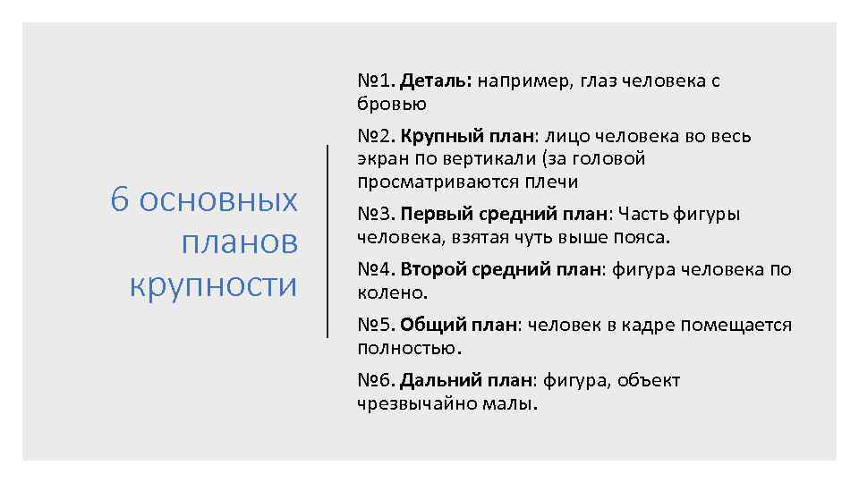 6 основных планов крупности № 1. Деталь: например, глаз человека с бровью № 2.