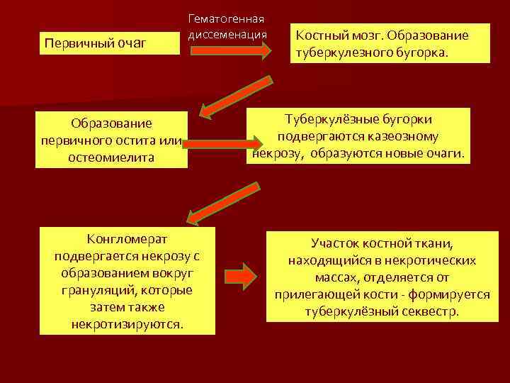 Первичный очаг Гематогенная диссеменация Образование первичного остита или остеомиелита Конгломерат подвергается некрозу с образованием