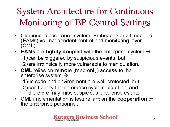 System Architecture for Continuous Monitoring of BP Control Settings • Continuous assurance system: Embedded