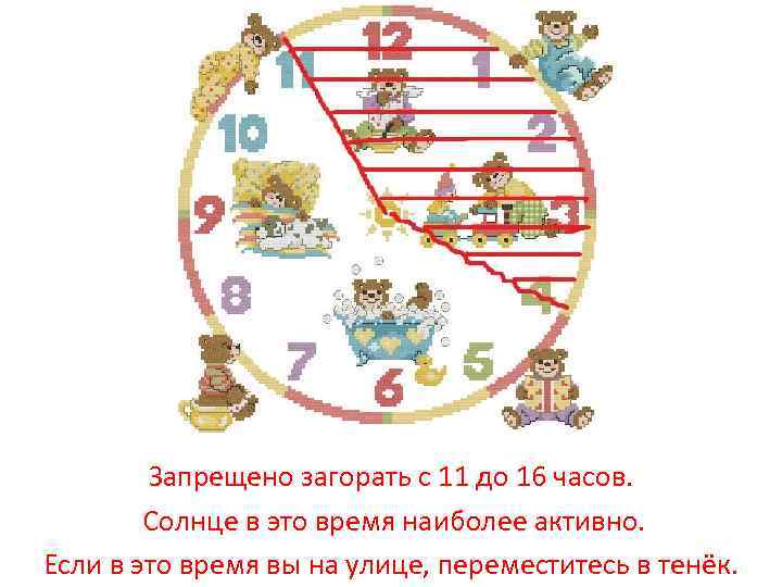 Запрещено загорать с 11 до 16 часов. Солнце в это время наиболее активно. Если
