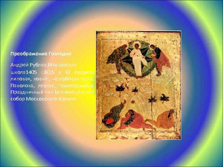Преображение Господне Андрей Рублев Московская школа 1405 г. 80, 5 x 61 смдоска липовая,