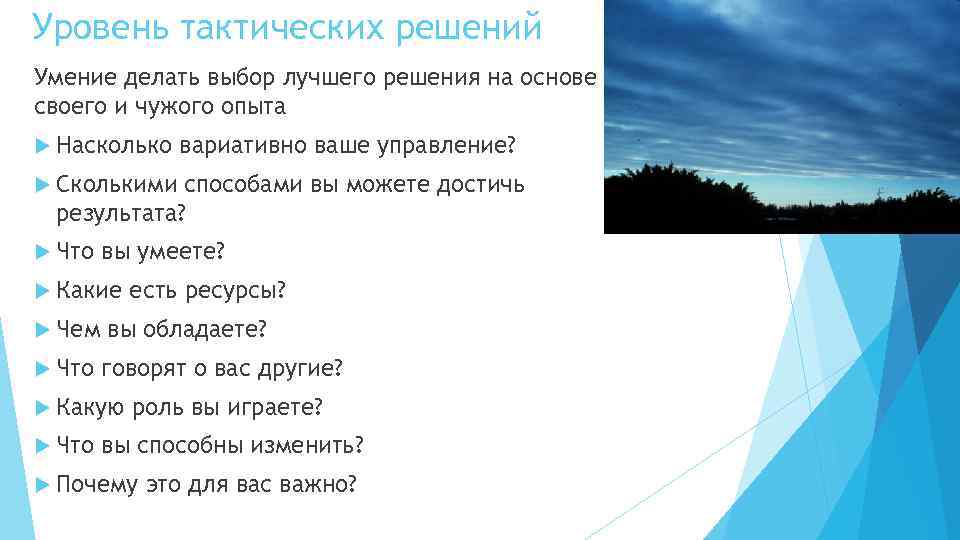 Уровень тактических решений Умение делать выбор лучшего решения на основе своего и чужого опыта