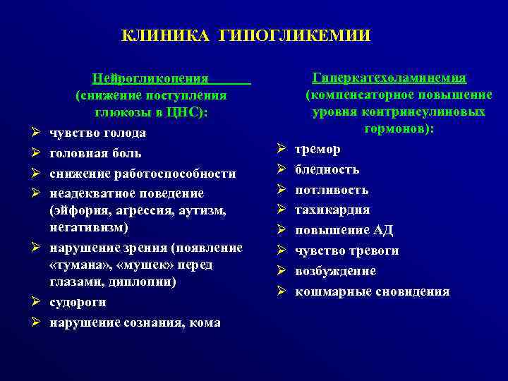  КЛИНИКА ГИПОГЛИКЕМИИ Ø Ø Ø Ø Нейрогликопения (снижение поступления глюкозы в ЦНС): чувство