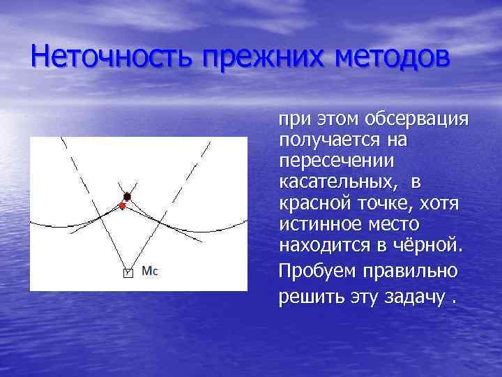 Неточность прежних методов при этом обсервация получается на пересечении касательных, в красной точке, хотя