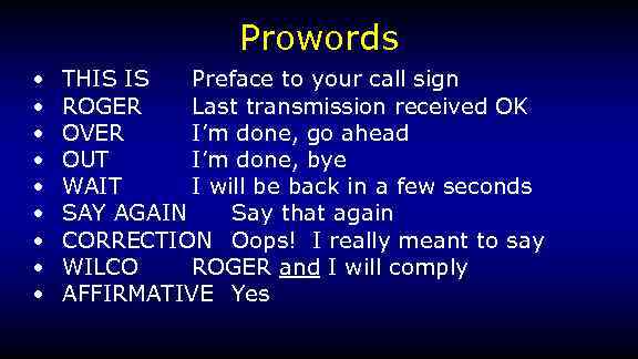 Prowords • • • THIS IS Preface to your call sign ROGER Last transmission