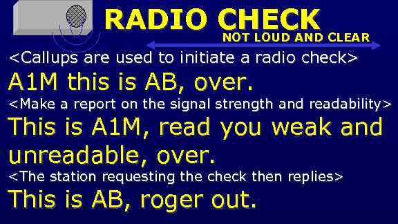 RADIO CHECK CLEAR NOT LOUD AND <Callups are used to initiate a radio check>