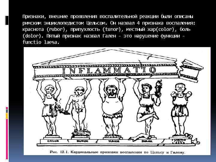 Признаки, внешние проявления воспалительной реакции были описаны римским энциклопедистом Цельсом. Он назвал 4 признака