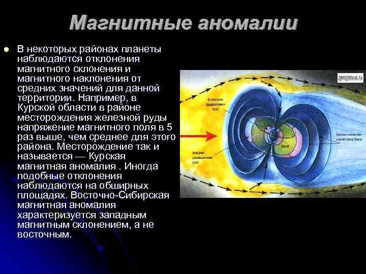 Магнитные аномалии l В некоторых районах планеты наблюдаются отклонения магнитного склонения и магнитного наклонения
