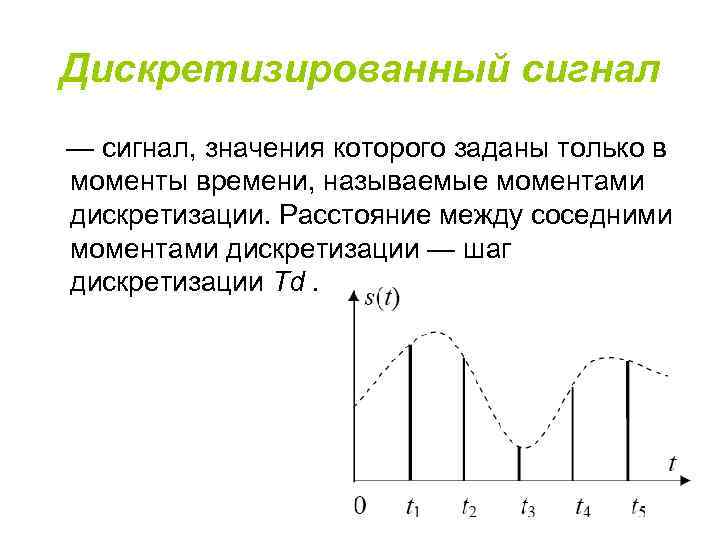 Дискретизированный сигнал — сигнал, значения которого заданы только в моменты времени, называемые моментами дискретизации.