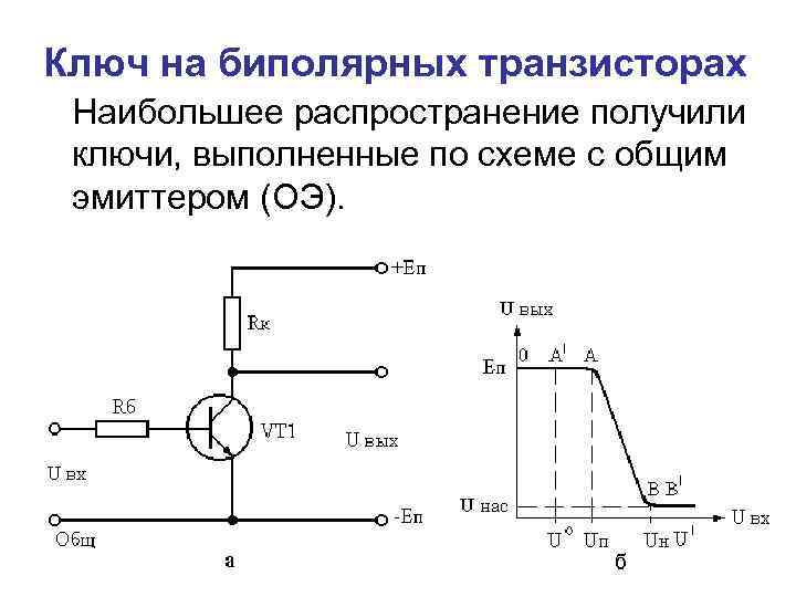 Ключ на биполярных транзисторах Наибольшее распространение получили ключи, выполненные по схеме с общим эмиттером