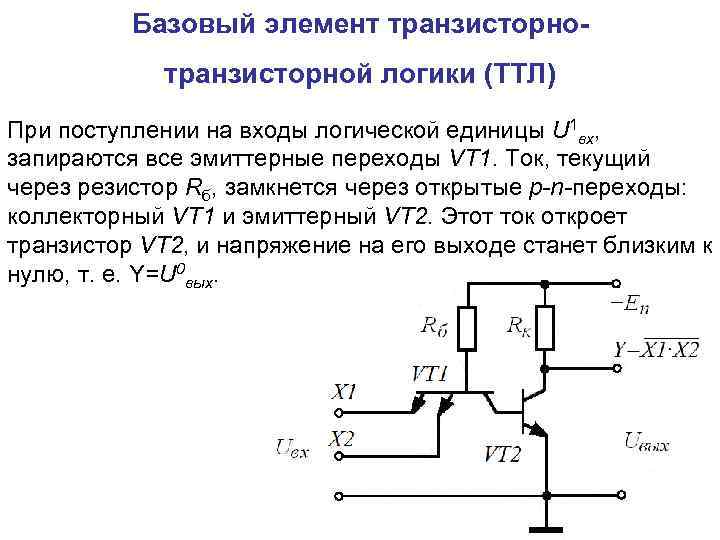 Базовый элемент транзисторной логики (ТТЛ) При поступлении на входы логической единицы U 1 вх,