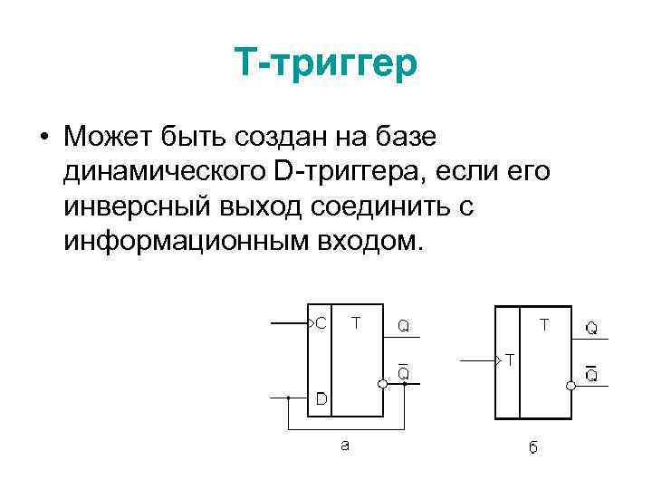 T-триггер • Может быть создан на базе динамического D-триггера, если его инверсный выход соединить