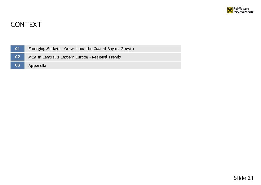 CONTEXT 01 Emerging Markets – Growth and the Cost of Buying Growth 02 M&A