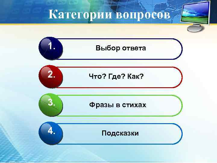 Категории вопросов 1. 2. Выбор ответа Что? Где? Как? 3. Фразы в стихах 4.