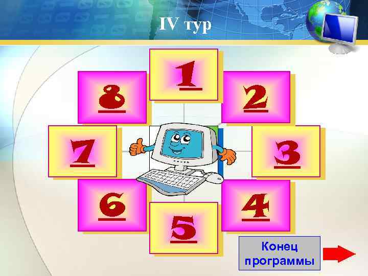 IV тур 8 1 2 7 3 6 5 4 Конец программы 