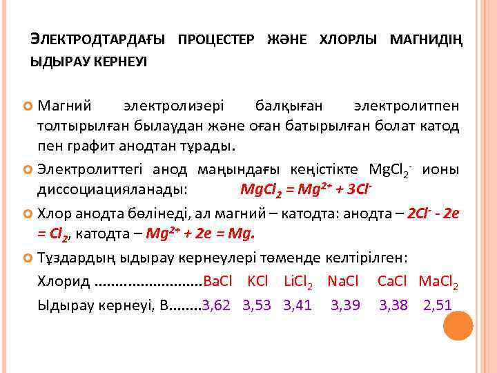 ЭЛЕКТРОДТАРДАҒЫ ПРОЦЕСТЕР ЖӘНЕ ХЛОРЛЫ МАГНИДІҢ ЫДЫРАУ КЕРНЕУІ Магний электролизері балқыған электролитпен толтырылған былаудан және