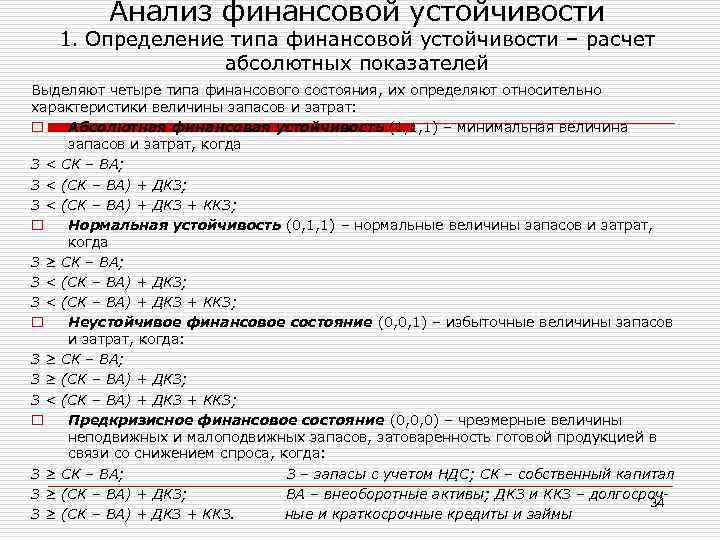 Анализ финансовой устойчивости 1. Определение типа финансовой устойчивости – расчет абсолютных показателей Выделяют четыре