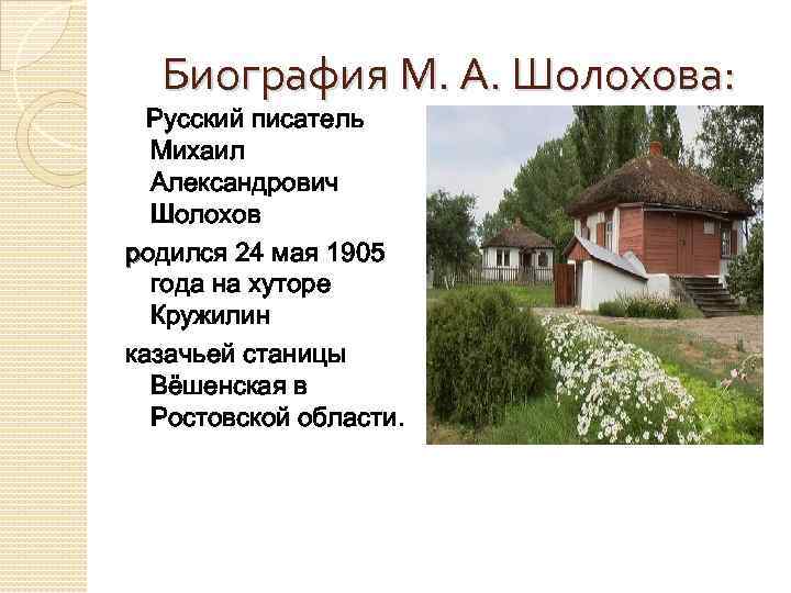 Биография М. А. Шолохова: Русский писатель Михаил Александрович Шолохов родился 24 мая 1905 года