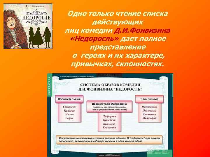 Одно только чтение списка действующих лиц комедии Д. И. Фонвизина «Недоросль» дает полное представление